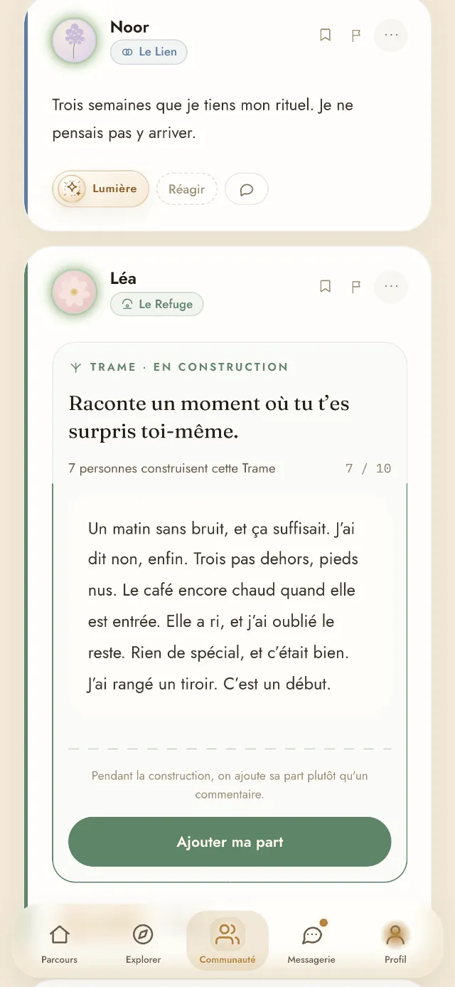Une Trame en construction dans le fil de la communauté : sept parts sur dix, et le cadre qui se referme.