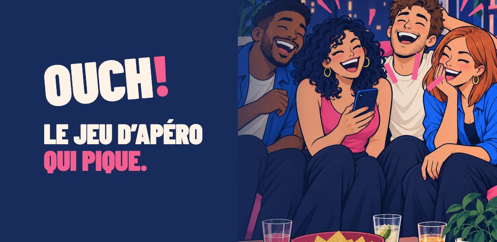 Quatre amis rient ensemble autour d’un téléphone, dans l’univers illustré d’OUCH